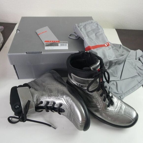 PRADA Silver Black Perla High Top Sneakers Shoes Designer With Box Dust Bag 35 - Picture 1 of 12
